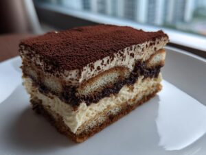 A perfect layered slice of tiramisu cheesecake dusted heavily with cocoa powder, sitting on a white plate.