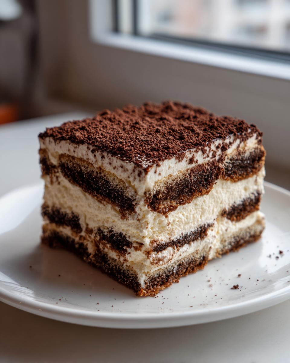 A square slice of rich tiramisu cheesecake with alternating layers of cream and coffee-soaked cake, topped with cocoa powder.