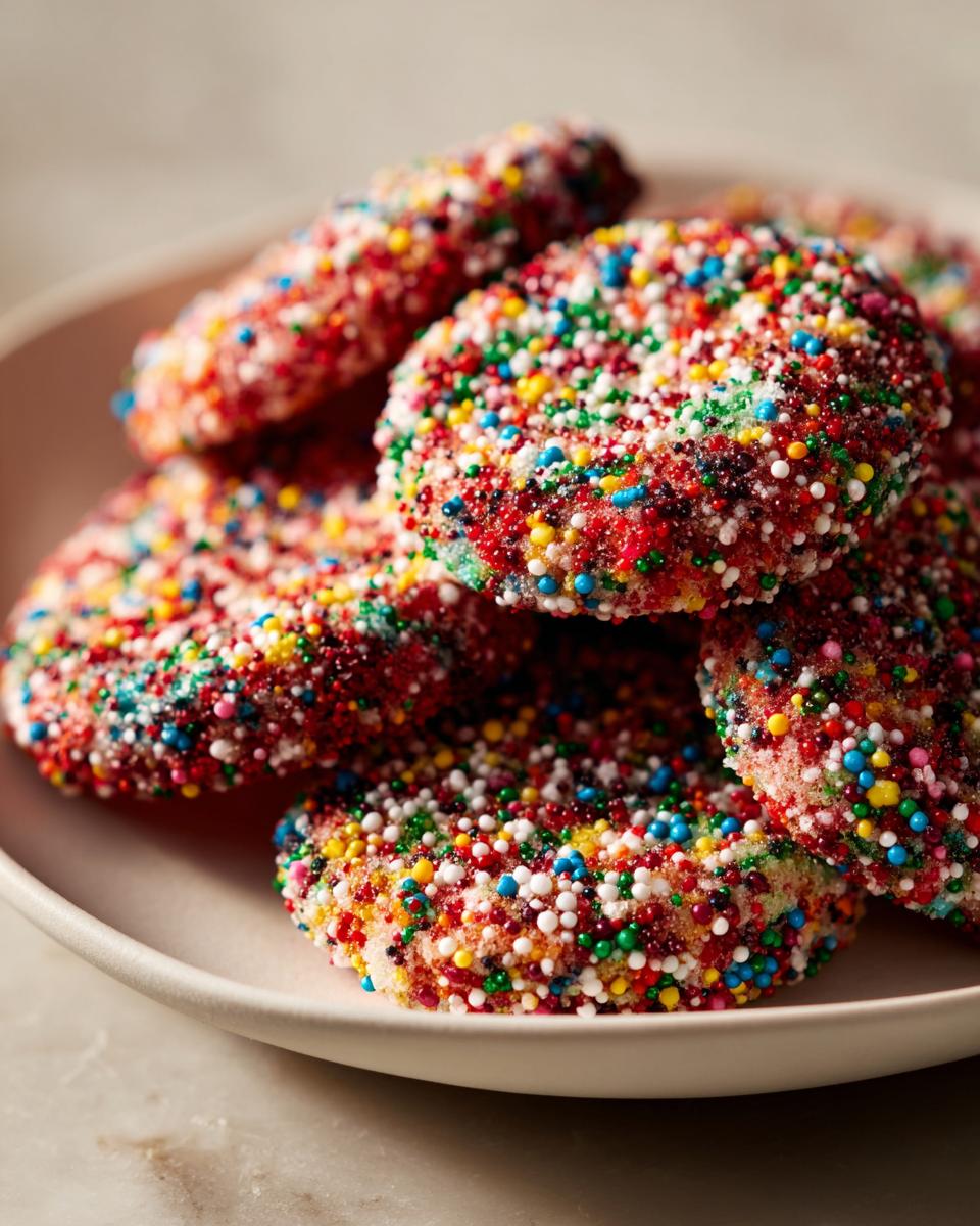 Close-up of several brightly colored Christmas sprinkle cookies completely coated in rainbow nonpareils.