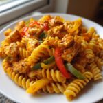 Close-up of creamy, orange-sauced Rasta Pasta featuring fusilli, seasoned chicken chunks, and colorful bell peppers.
