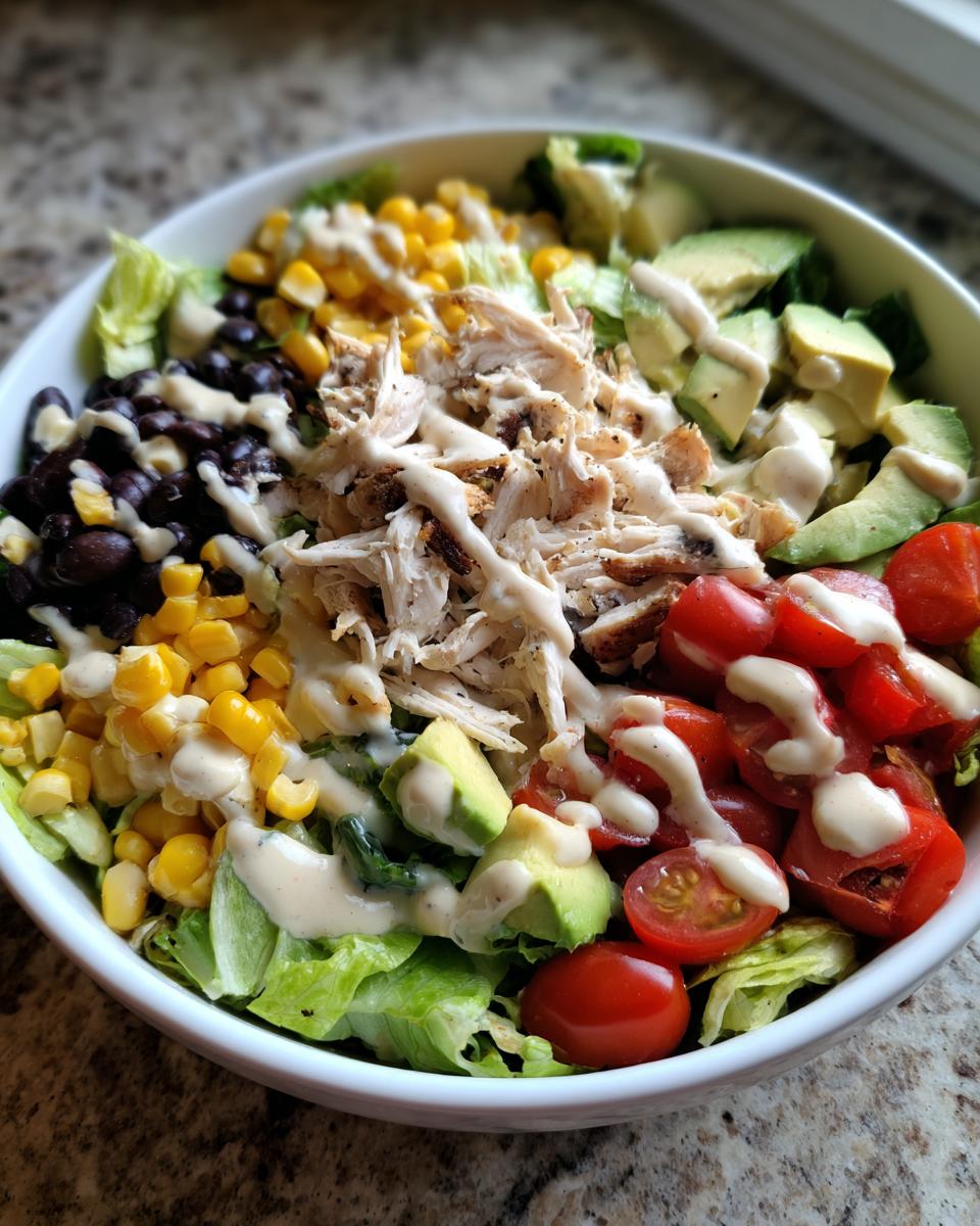 A close-up of a vibrant southwest chicken salad featuring shredded chicken, black beans, corn, avocado, and tomatoes, drizzled with a creamy dressing.