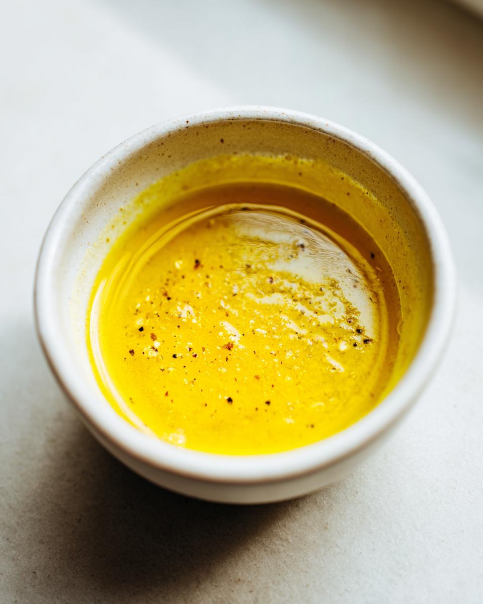 Close-up of a vibrant yellow homemade salad dressing, seasoned with black pepper, in a small white ceramic bowl.
