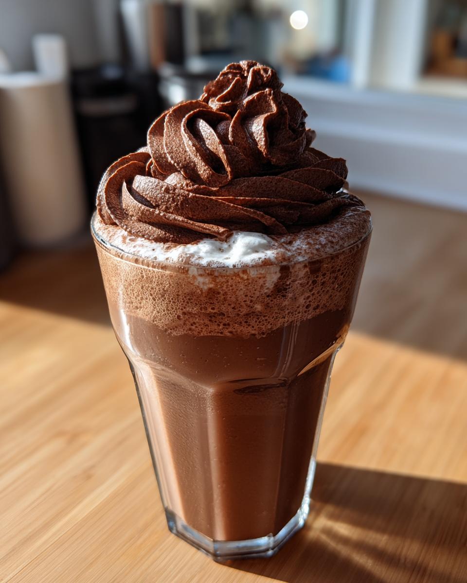 A tall glass filled with rich, frothy whipped hot chocolate topped with a swirl of chocolate whipped cream.