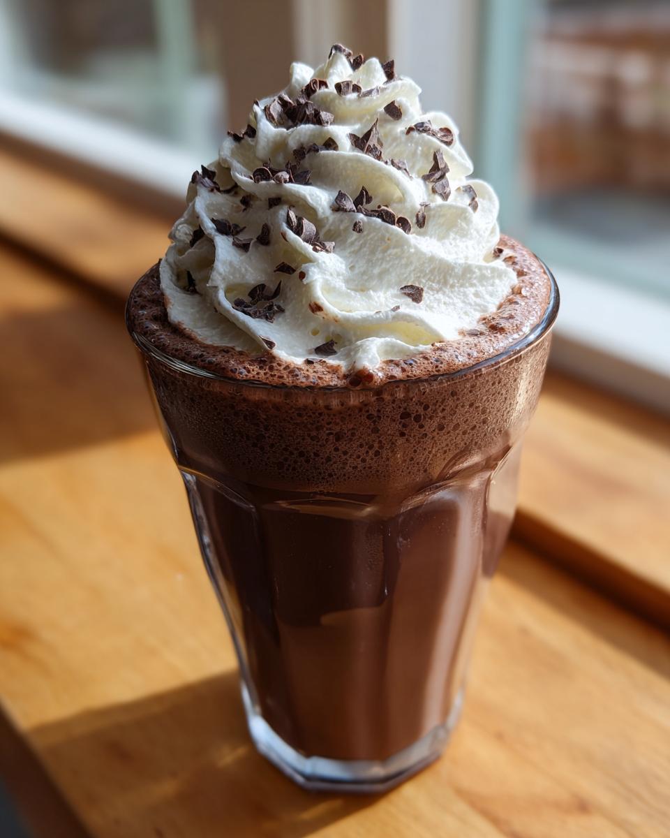 A tall glass of rich, dark whipped hot chocolate topped with a generous swirl of whipped cream and chocolate shavings.