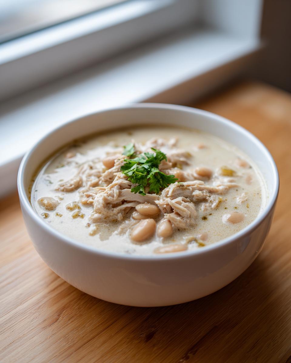 A white bowl filled with creamy white chicken chili, featuring shredded white chicken and white beans, garnished with cilantro.
