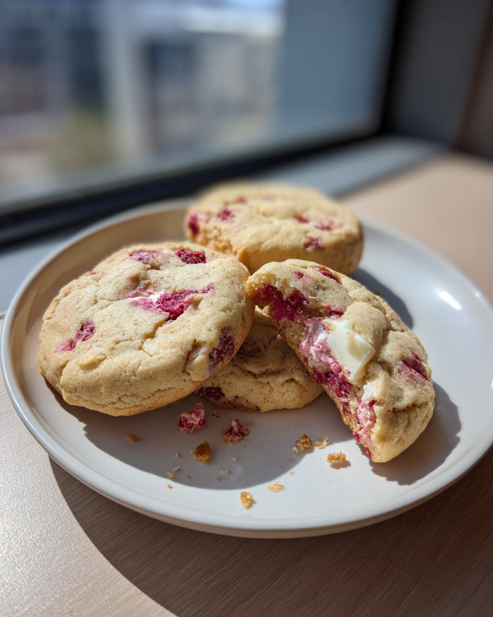 A stack of freshly baked white chocolate raspberry cookies on a white plate, one broken open revealing the filling.