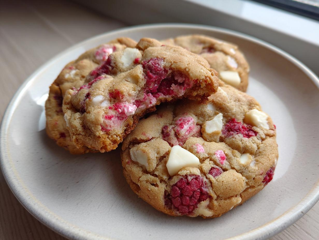 Three soft-baked white chocolate raspberry cookies, one broken open to show the gooey center, on a light ceramic plate.