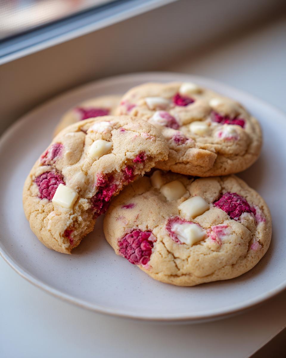 Three soft, chewy white chocolate raspberry cookies piled on a light plate, one broken open to show the raspberry filling.