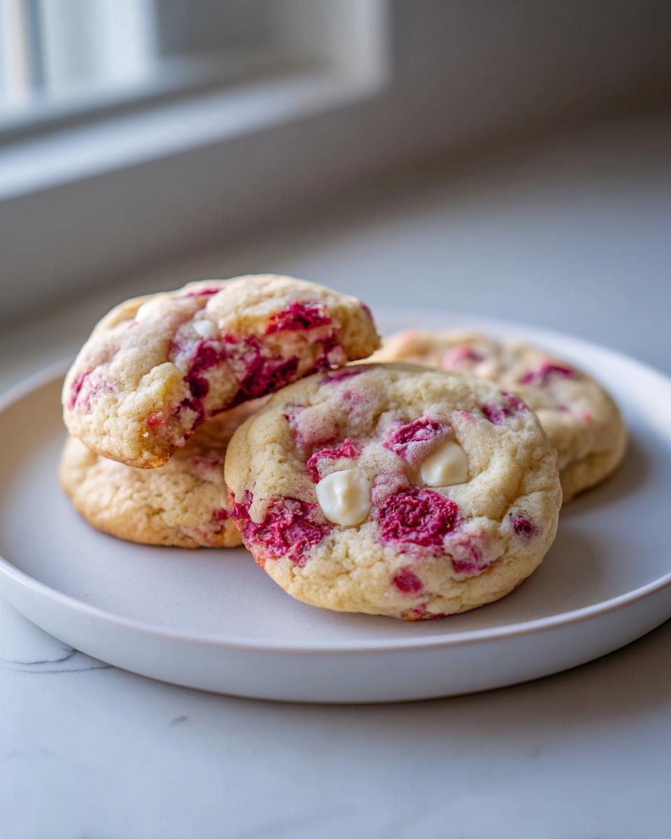 A stack of soft, freshly baked white chocolate raspberry cookies with visible white chocolate chips and bright pink raspberry pieces.
