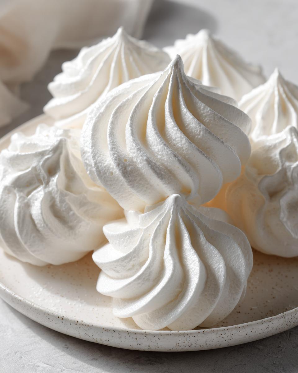 Close-up of several perfectly piped, crisp white meringue cookies stacked on a speckled ceramic plate.