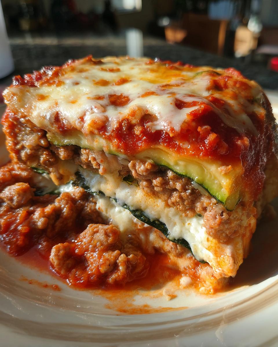 Close-up of a hearty slice of zucchini lasagna featuring layers of meat sauce, ricotta, and melted cheese topping.