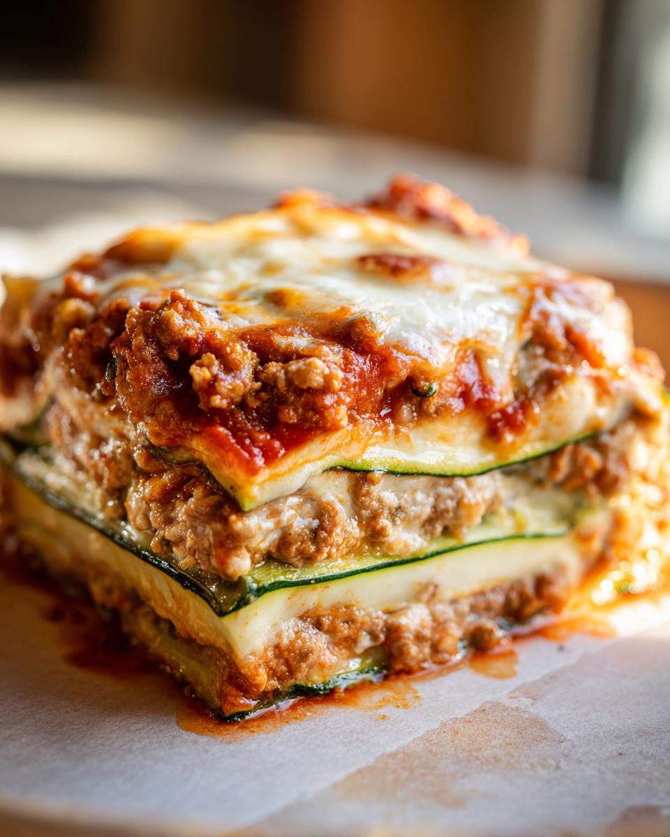 Close-up of a hearty slice of zucchini lasagna layered with meat sauce and melted cheese.