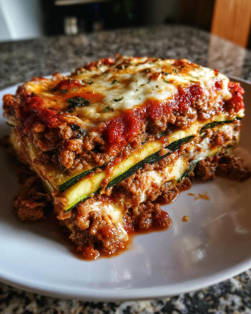 A thick slice of zucchini lasagna layered with meat sauce and melted cheese on a white plate.
