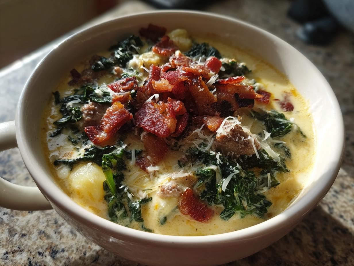 A close-up of a creamy bowl of Zuppa Toscana soup topped generously with crispy bacon pieces and grated Parmesan cheese.