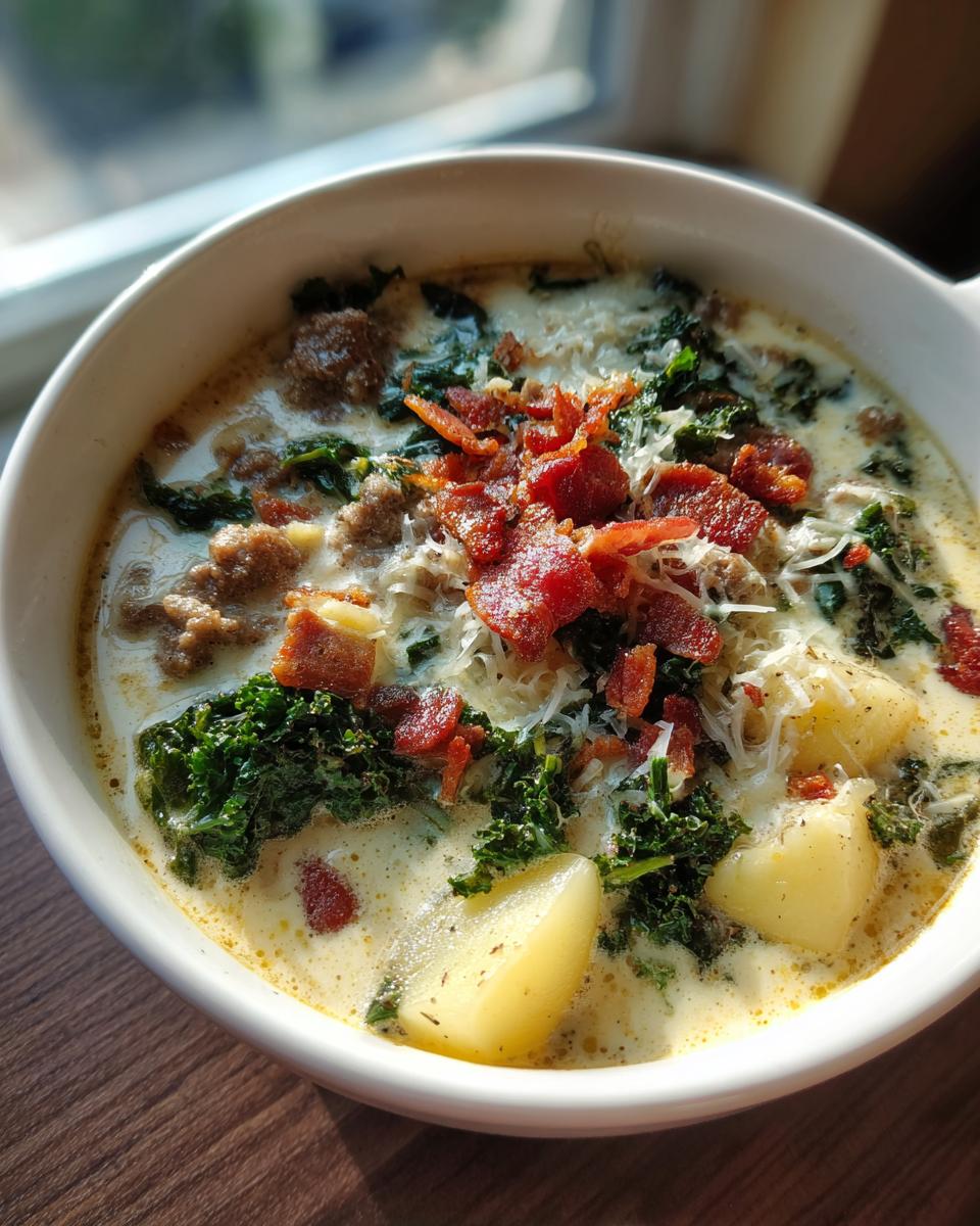 A close-up of a bowl of creamy Zuppa Toscana soup topped with crumbled bacon, grated cheese, and kale.